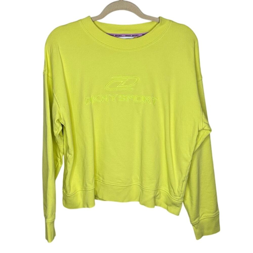 DKNY Bright Yellow Logo Print Crew Neck Sweatshirt Long Sleeve Athleisure L